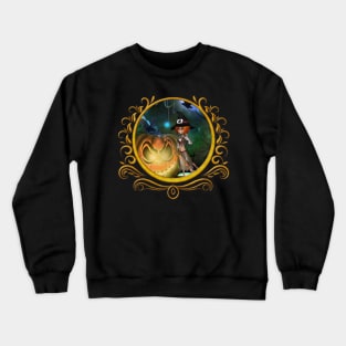 Cute little witch with pumpkin in the night Crewneck Sweatshirt